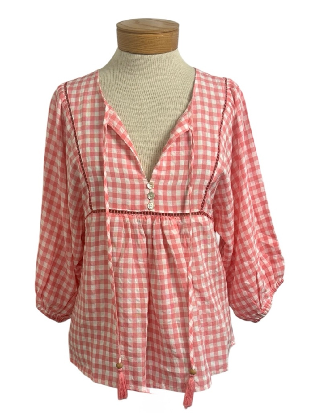 Petal & Pup Pink Gingham Boho Tassel Blouse Cotton Bamboo Soft Relaxed Top Sz 4